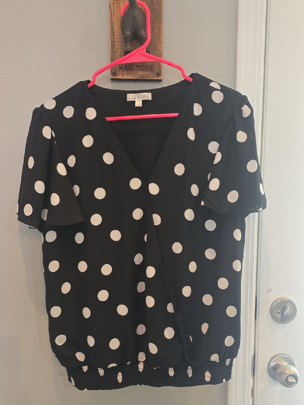 nine britton Black Blouse with White Polka Dots